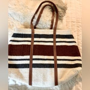 MANGO MNG wool leather handles striped large tote shopper bag -BROWN IVORY GRAY